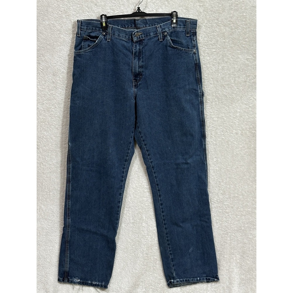 Dickies Jeans Mens Measures 36X33 Tag 38X34 Blue Carpenter Hammer Loop Workwear